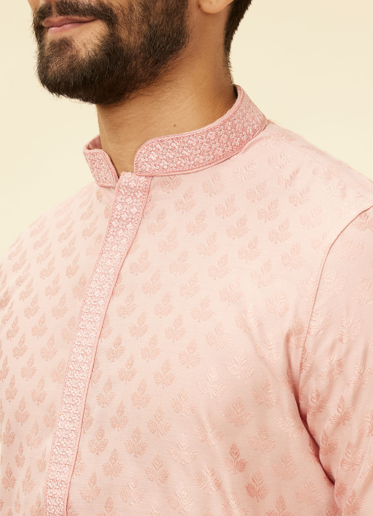 Manyavar Men Raspberry Pink Leaf Patterned Kurta Set