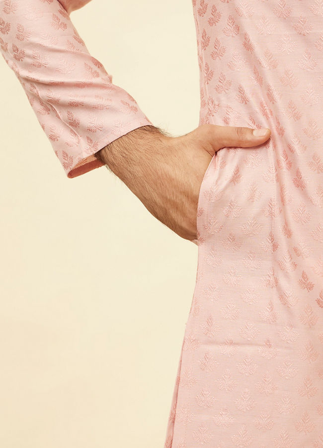 Manyavar Men Raspberry Pink Leaf Patterned Kurta Set