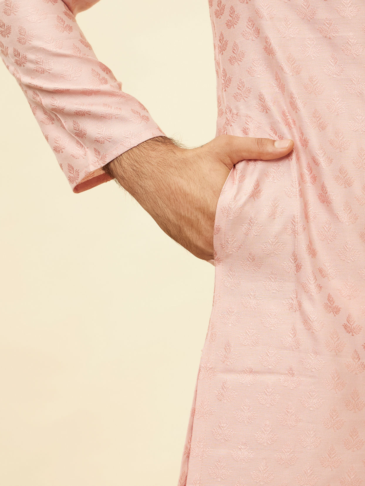 Manyavar Men Raspberry Pink Leaf Patterned Kurta Set