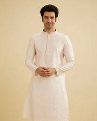 Manyavar Men Peach Blush Leaf Patterned Kurta Set