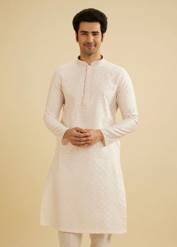 Manyavar Men Peach Blush Leaf Patterned Kurta Set