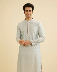 Manyavar Men Powder Blue Leaf Patterned Kurta Set