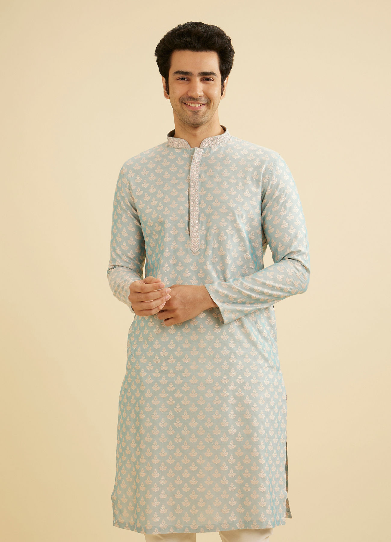 Manyavar Men Powder Blue Leaf Patterned Kurta Set