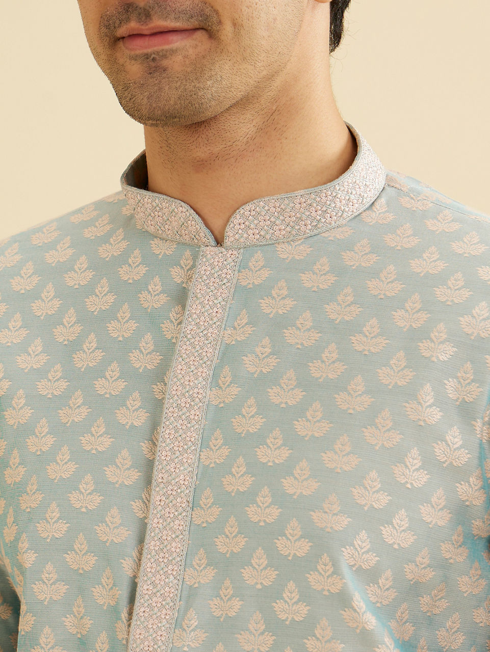 Manyavar Men Powder Blue Leaf Patterned Kurta Set