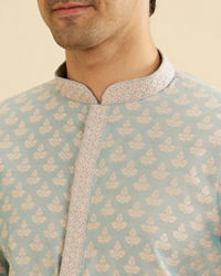 Manyavar Men Powder Blue Leaf Patterned Kurta Set