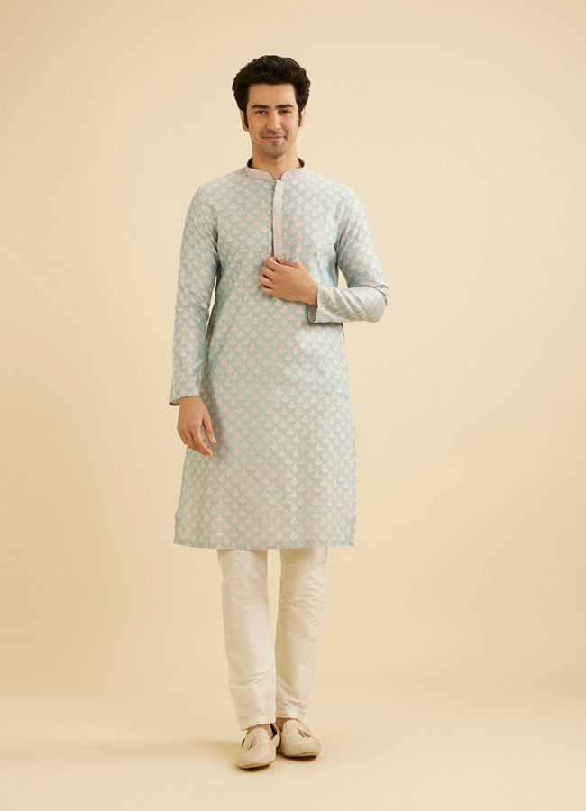 Manyavar Men Powder Blue Leaf Patterned Kurta Set