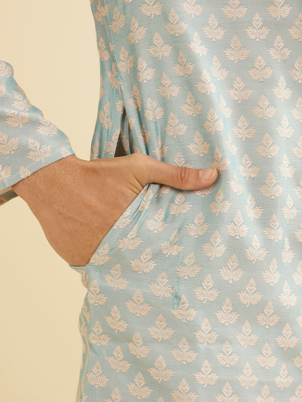 Manyavar Men Powder Blue Leaf Patterned Kurta Set