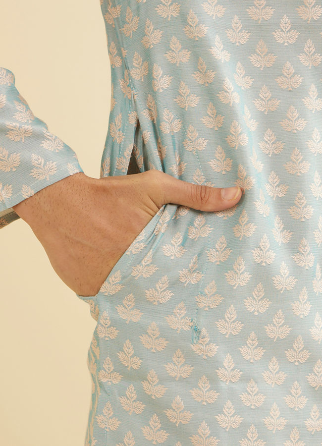 Manyavar Men Powder Blue Leaf Patterned Kurta Set
