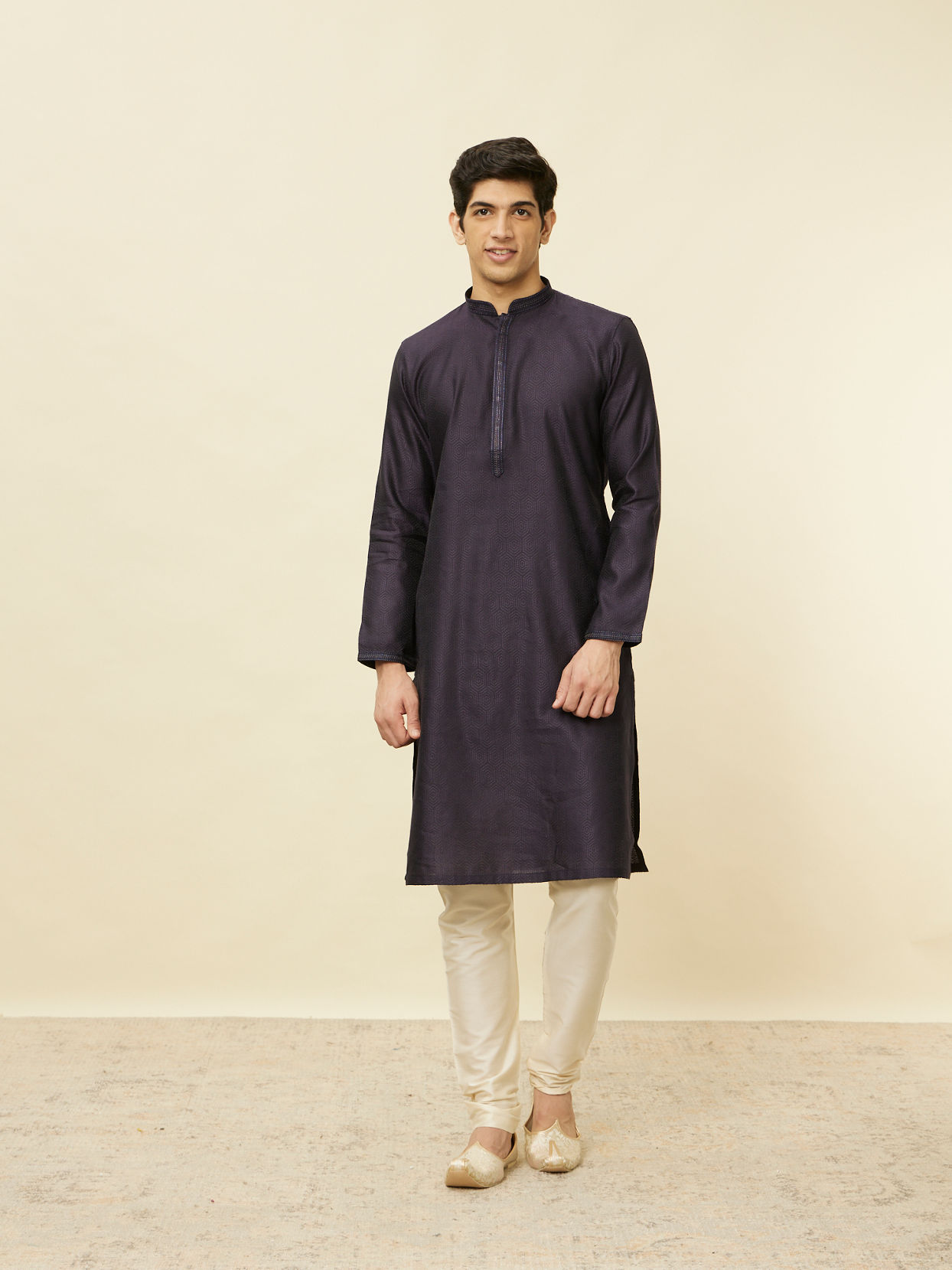 Manyavar Men Midnight Blue Hexagonal Patterned Kurta Set