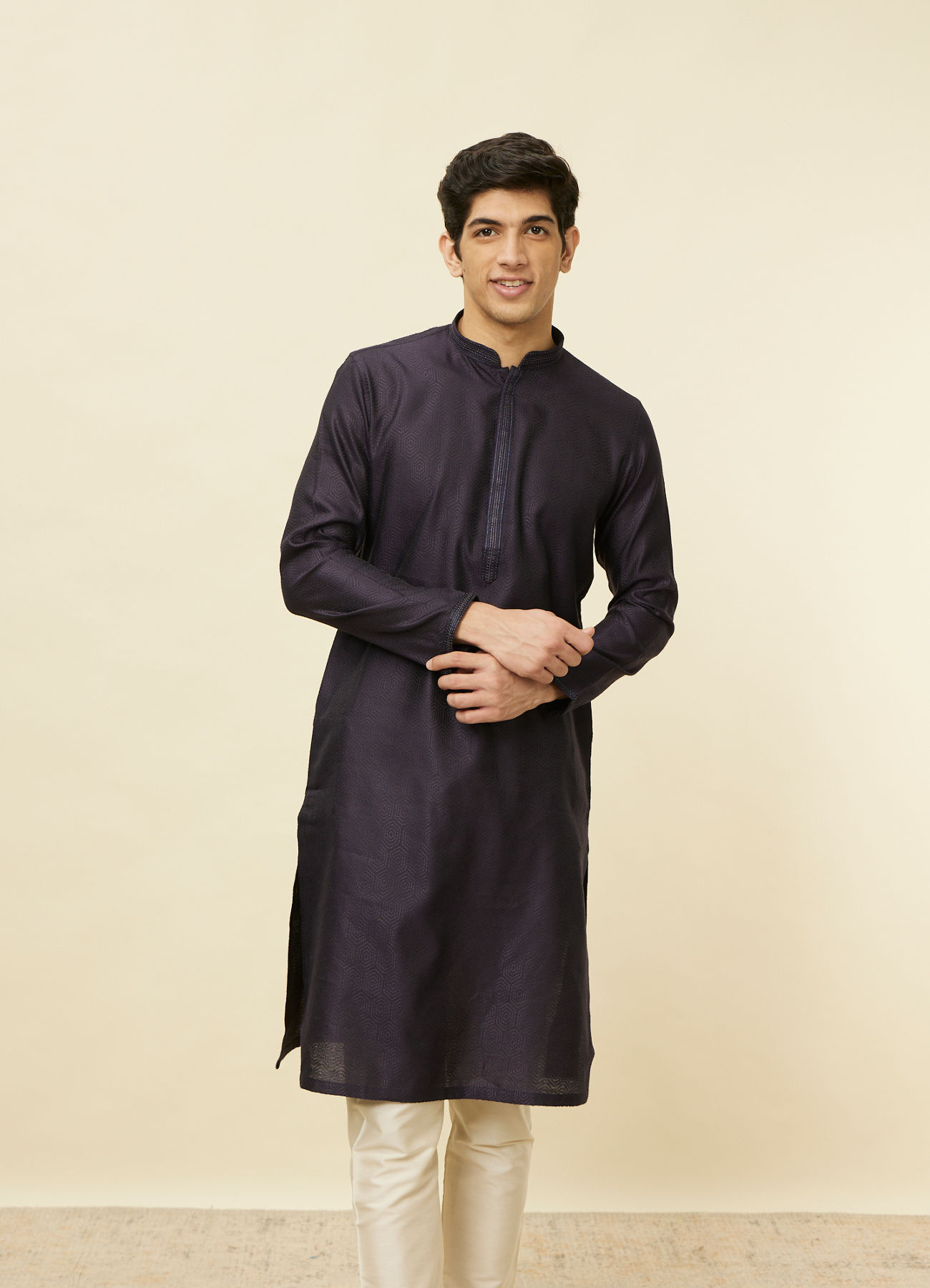 Manyavar Men Midnight Blue Hexagonal Patterned Kurta Set