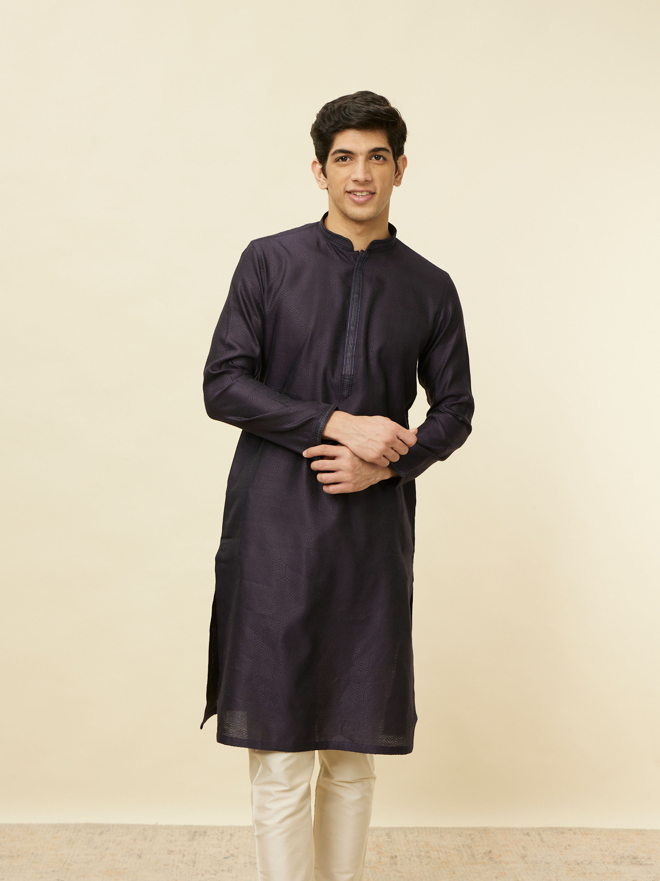 Manyavar Men Midnight Blue Hexagonal Patterned Kurta Set