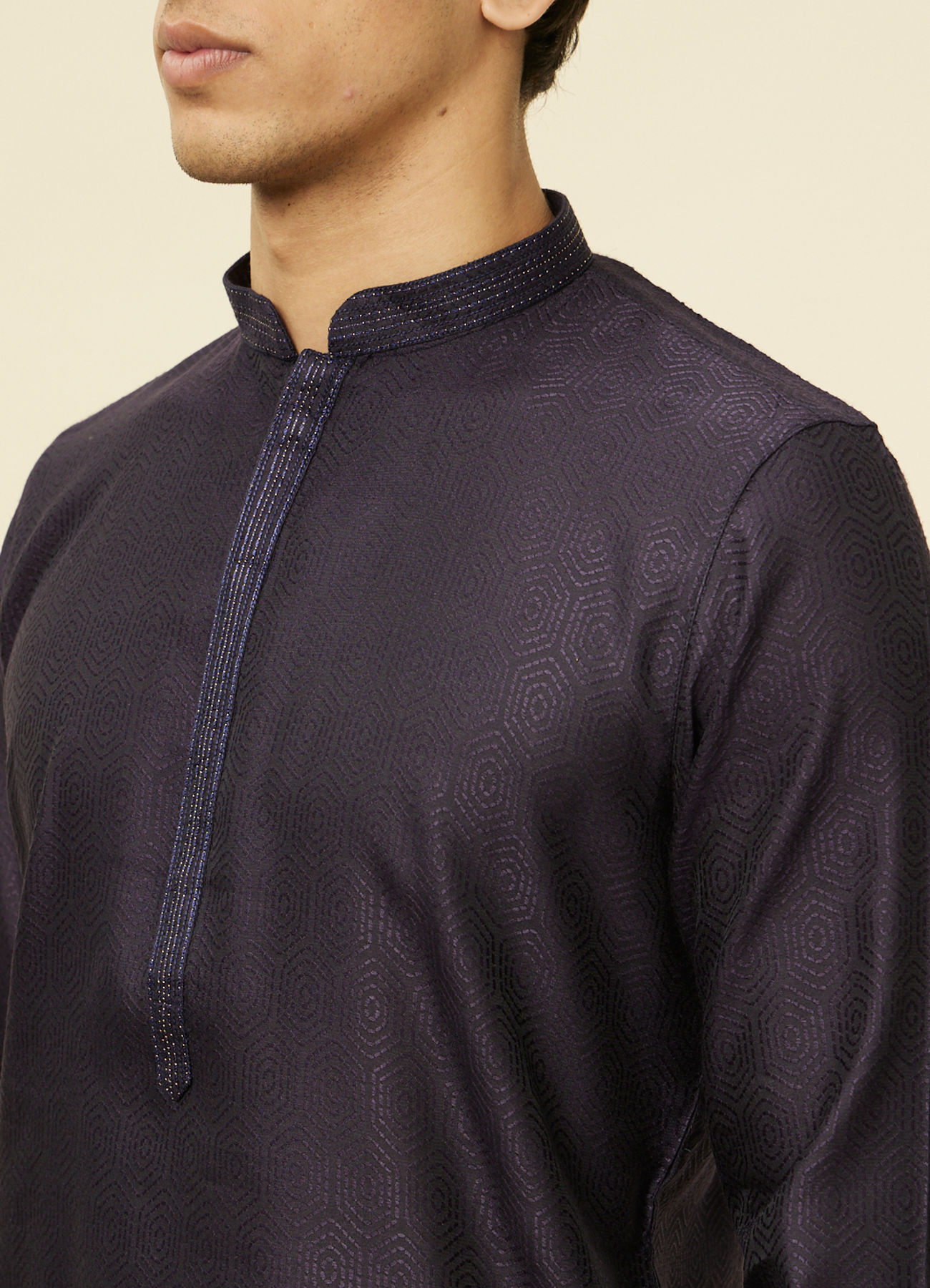 Manyavar Men Midnight Blue Hexagonal Patterned Kurta Set