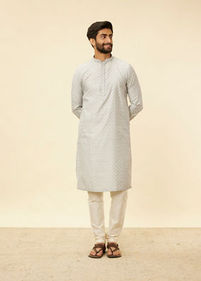 alt message - Manyavar Men Cloud Grey Moroccan Patterned Kurta Set image number 2