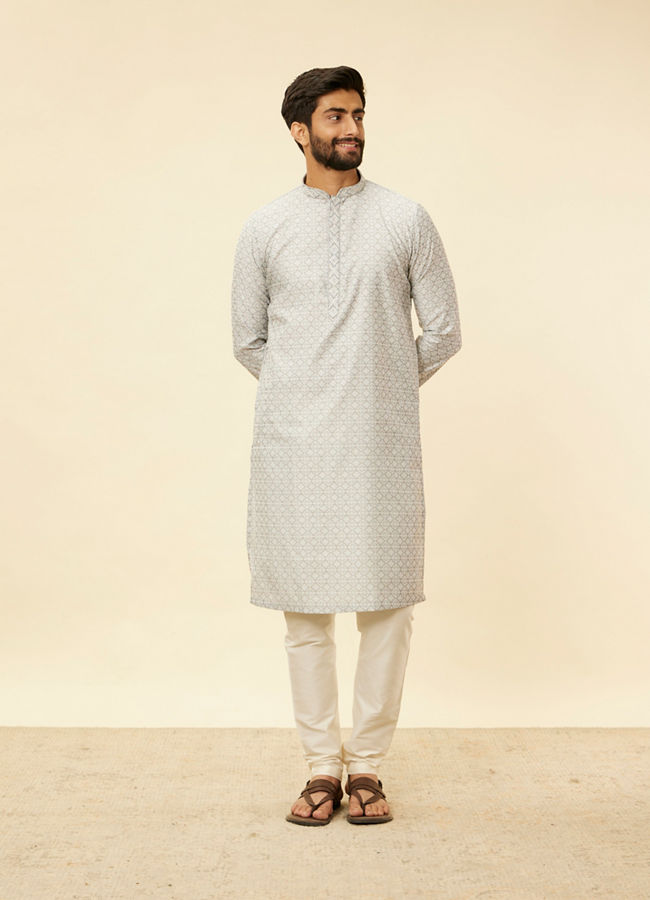 Manyavar Men Cloud Grey Moroccan Patterned Kurta Set