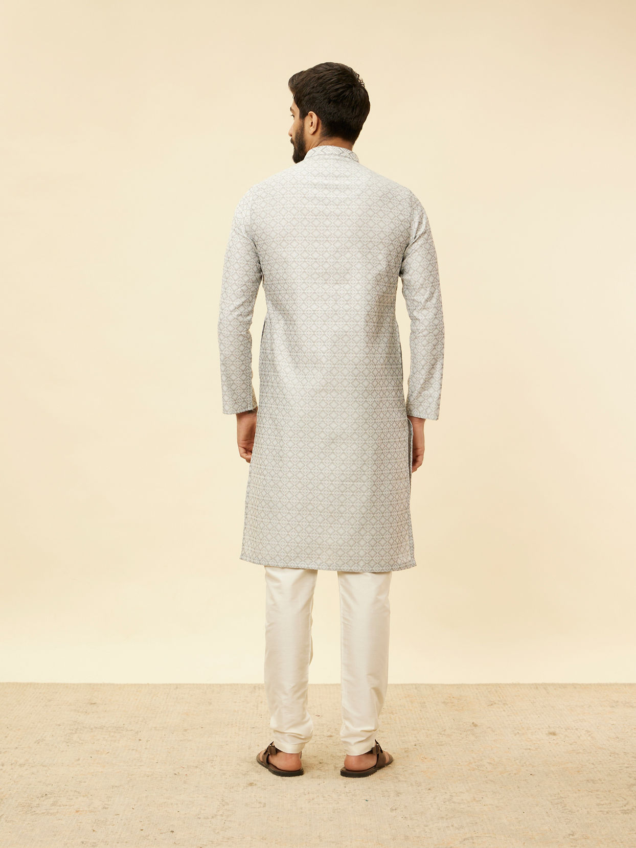 Manyavar Men Cloud Grey Moroccan Patterned Kurta Set