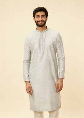 alt message - Manyavar Men Cloud Grey Moroccan Patterned Kurta Set image number 0