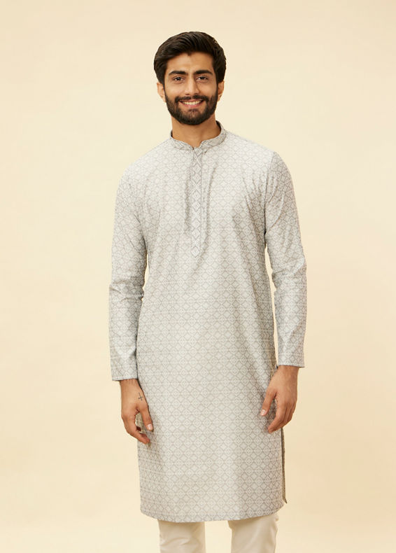 Manyavar Men Cloud Grey Moroccan Patterned Kurta Set