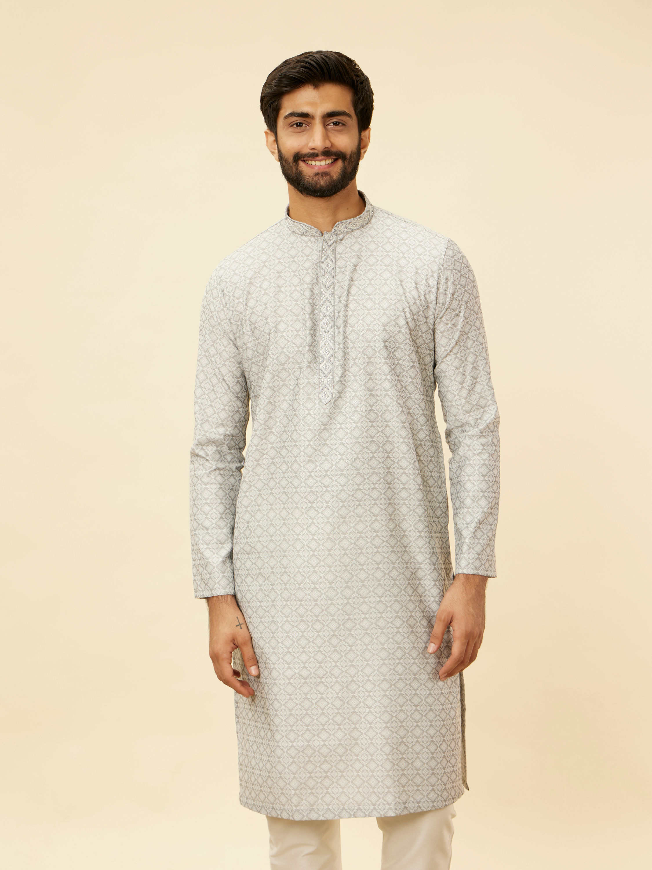 Manyavar Men Cloud Grey Moroccan Patterned Kurta Set