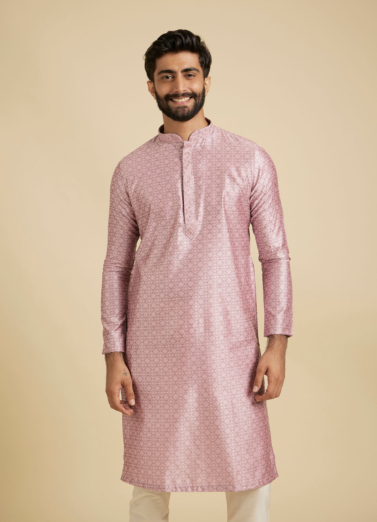 Manyavar Men Rose Quartz Pink Moroccan Patterned Kurta Set