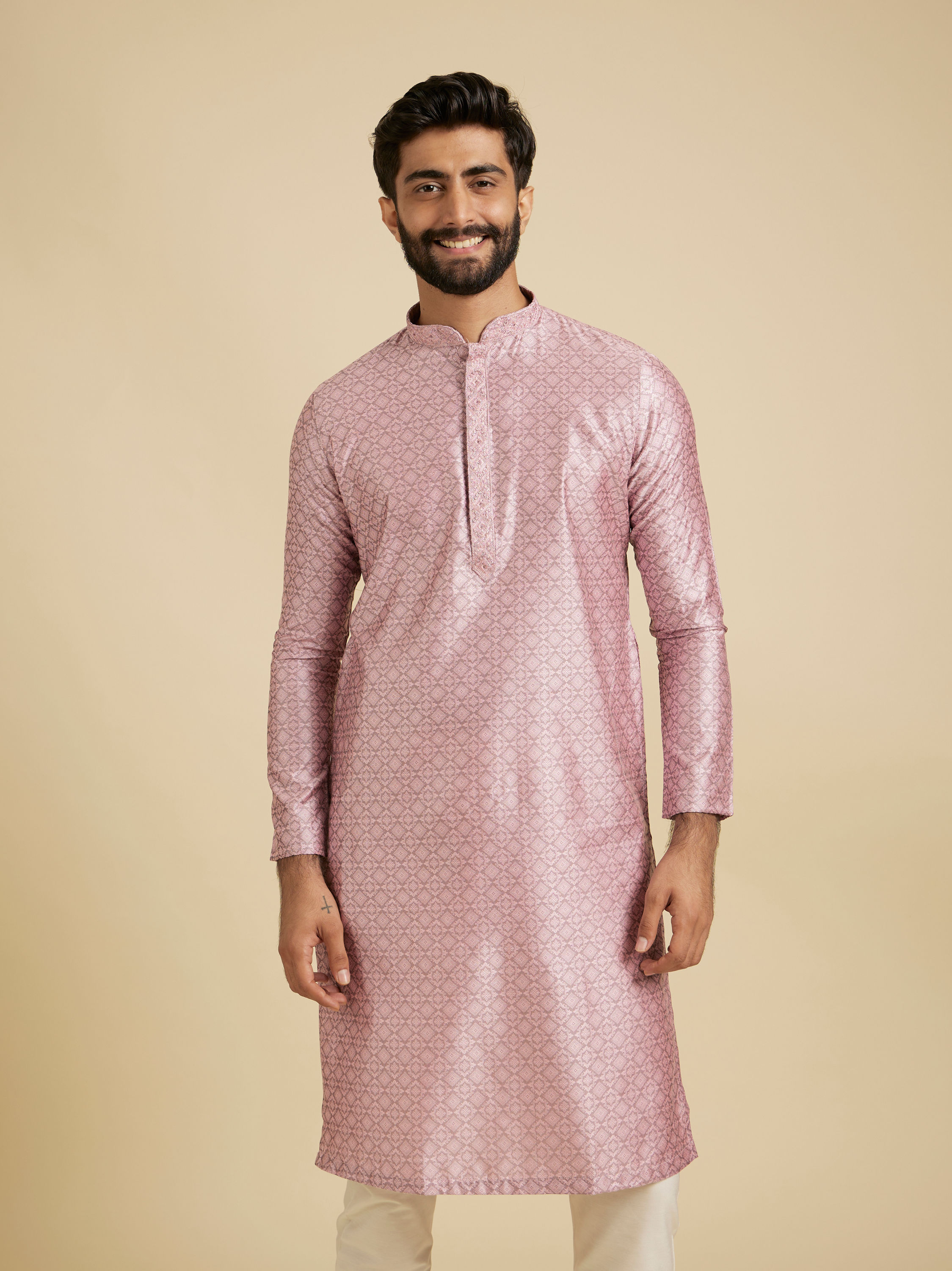 Manyavar Men Rose Quartz Pink Moroccan Patterned Kurta Set