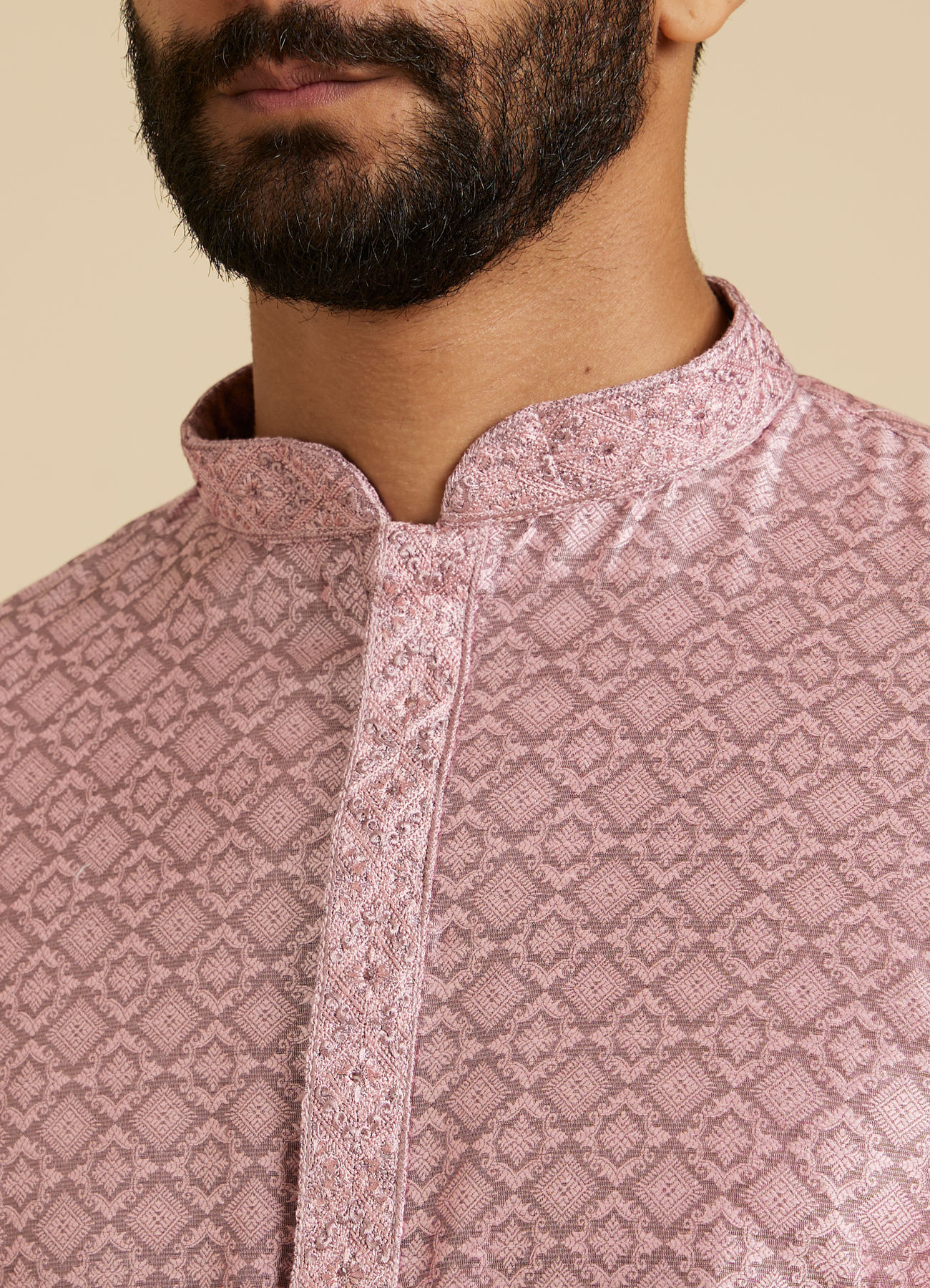 Manyavar Men Rose Quartz Pink Moroccan Patterned Kurta Set