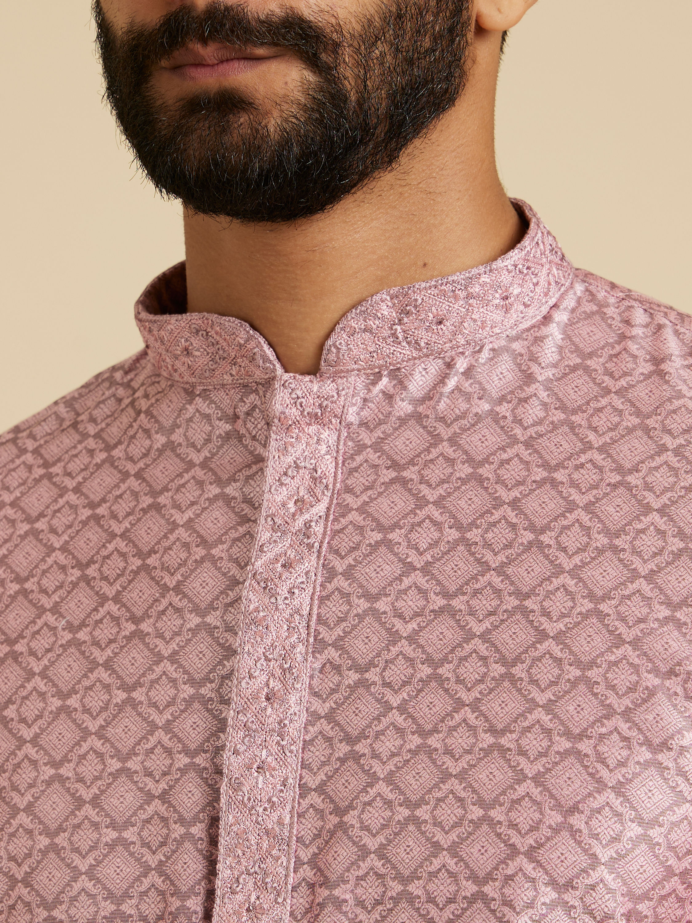 Manyavar Men Rose Quartz Pink Moroccan Patterned Kurta Set