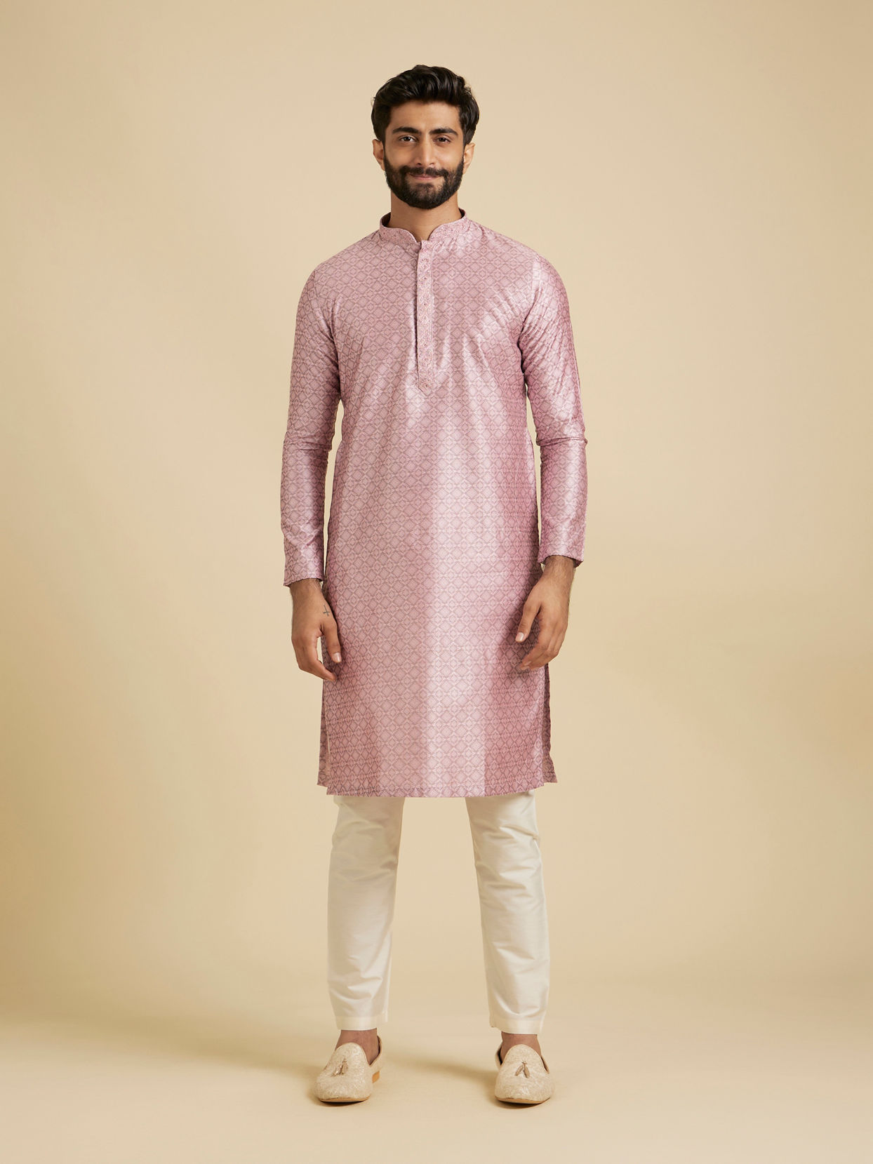 Manyavar Men Rose Quartz Pink Moroccan Patterned Kurta Set