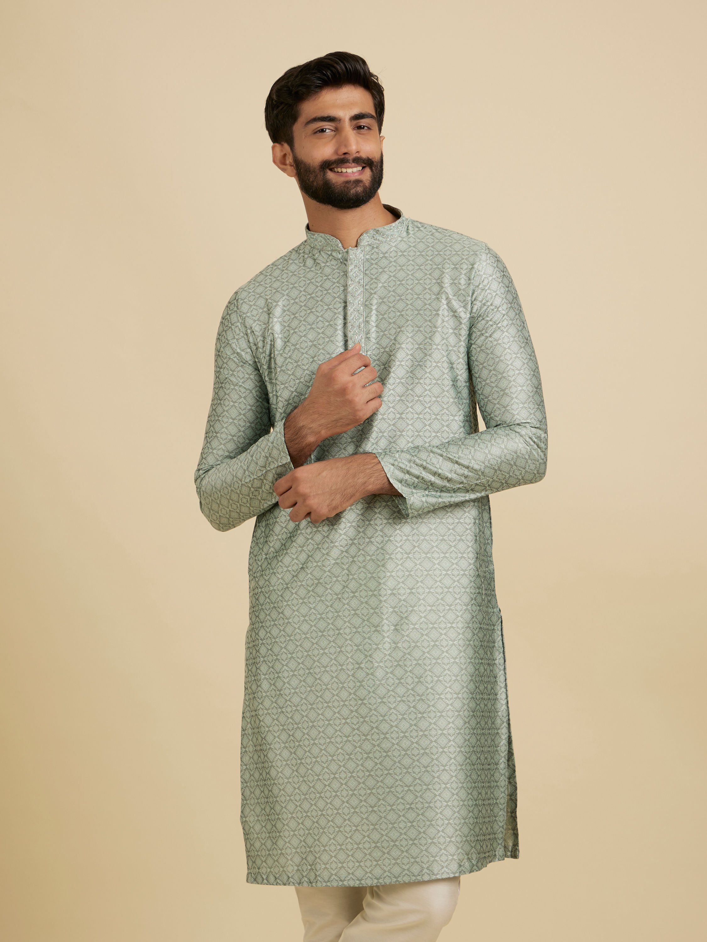 Manyavar Men Soft Green Moroccan Patterned Kurta Set