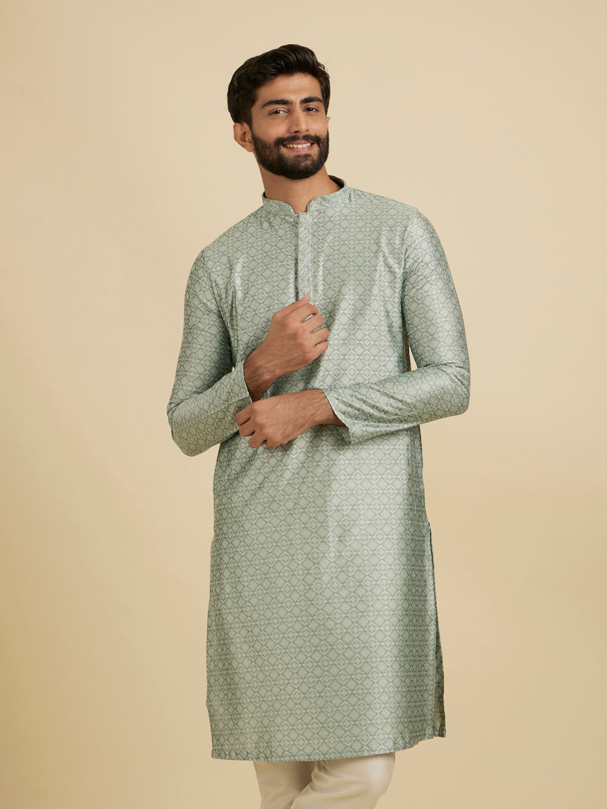 Manyavar Men Light Mid Green Art Silk Kurta Pajama image number 0