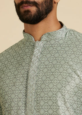 Manyavar Men Soft Green Moroccan Patterned Kurta Set image number 1