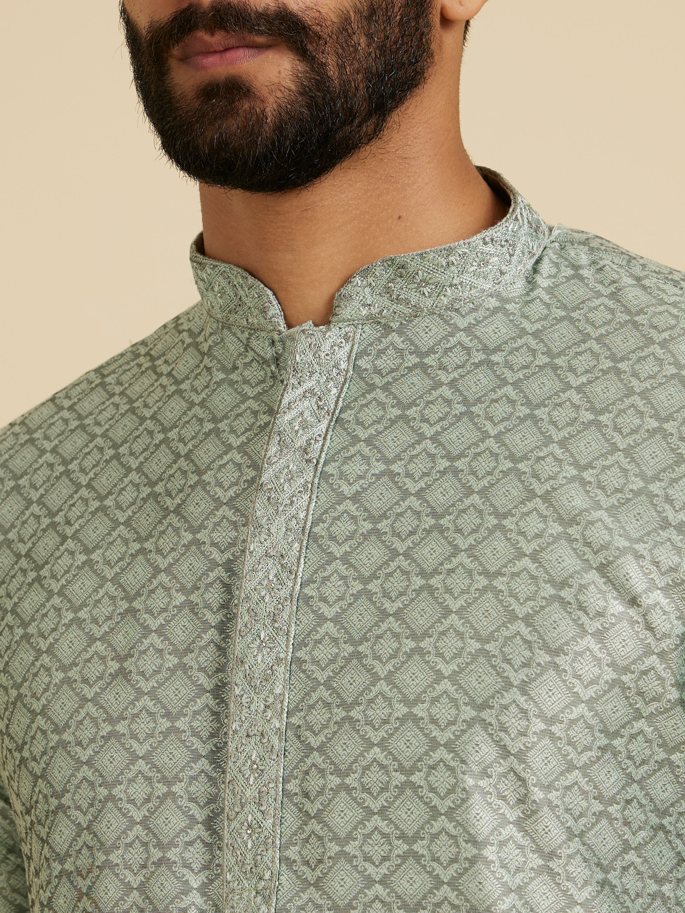 Manyavar Men Soft Green Moroccan Patterned Kurta Set