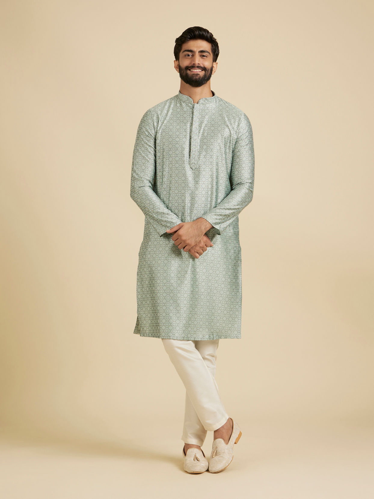 Manyavar Men Soft Green Moroccan Patterned Kurta Set