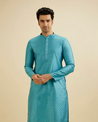 Manyavar Men Turquoise Blue Moroccan Patterned Kurta Set