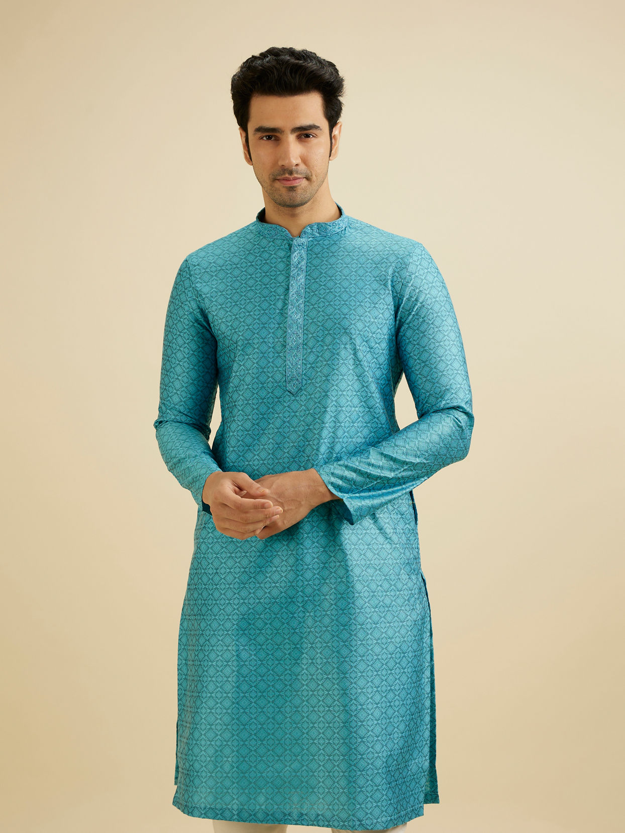 alt message - Manyavar Men Turquoise Blue Moroccan Patterned Kurta Set image number 0