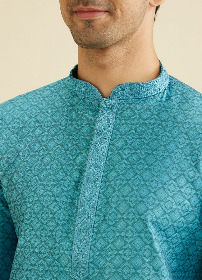 alt message - Manyavar Men Turquoise Blue Moroccan Patterned Kurta Set image number 1