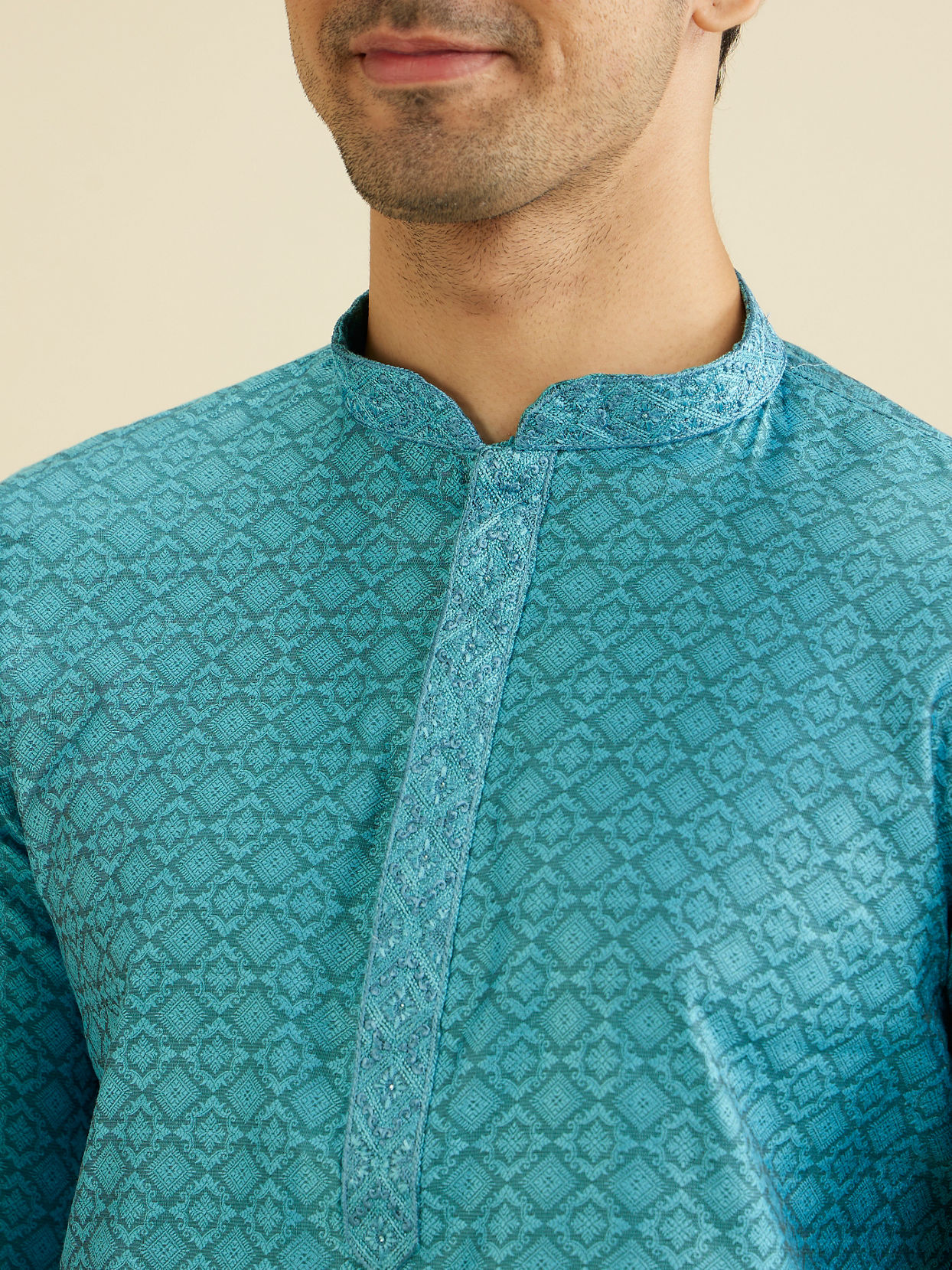 alt message - Manyavar Men Turquoise Blue Moroccan Patterned Kurta Set image number 1