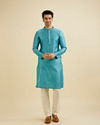 alt message - Manyavar Men Turquoise Blue Moroccan Patterned Kurta Set image number 2