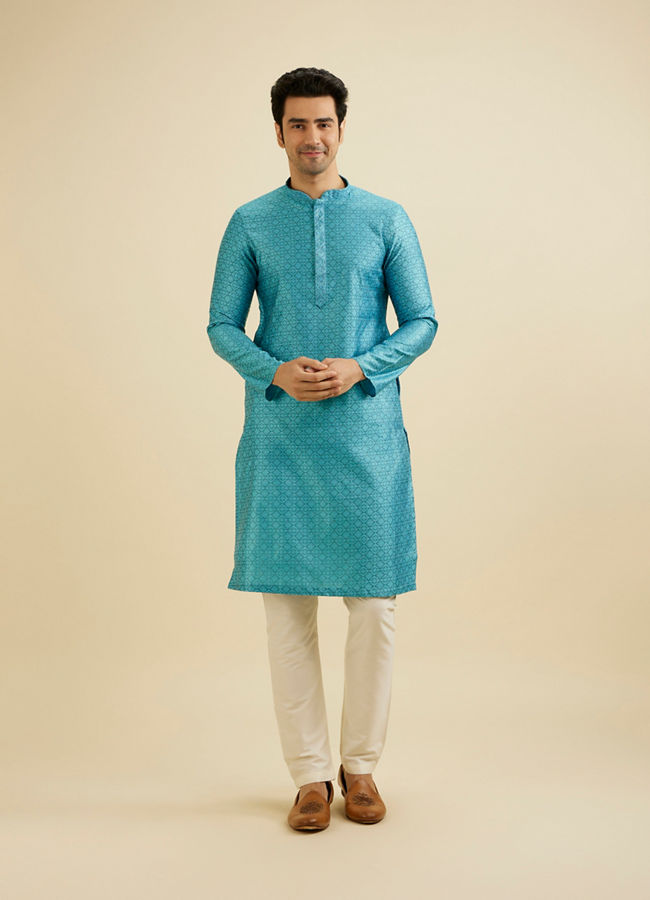 alt message - Manyavar Men Turquoise Blue Moroccan Patterned Kurta Set image number 2