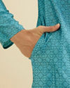 alt message - Manyavar Men Turquoise Blue Moroccan Patterned Kurta Set image number 3