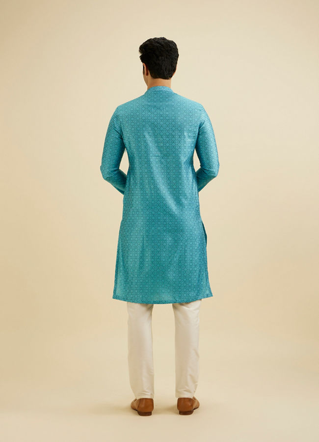 alt message - Manyavar Men Turquoise Blue Moroccan Patterned Kurta Set image number 5