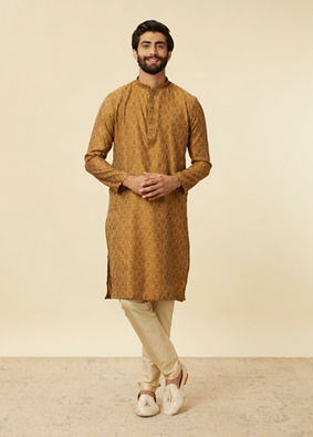 alt message - Manyavar Men Fawn Grid Patterned Kurta Set image number 2