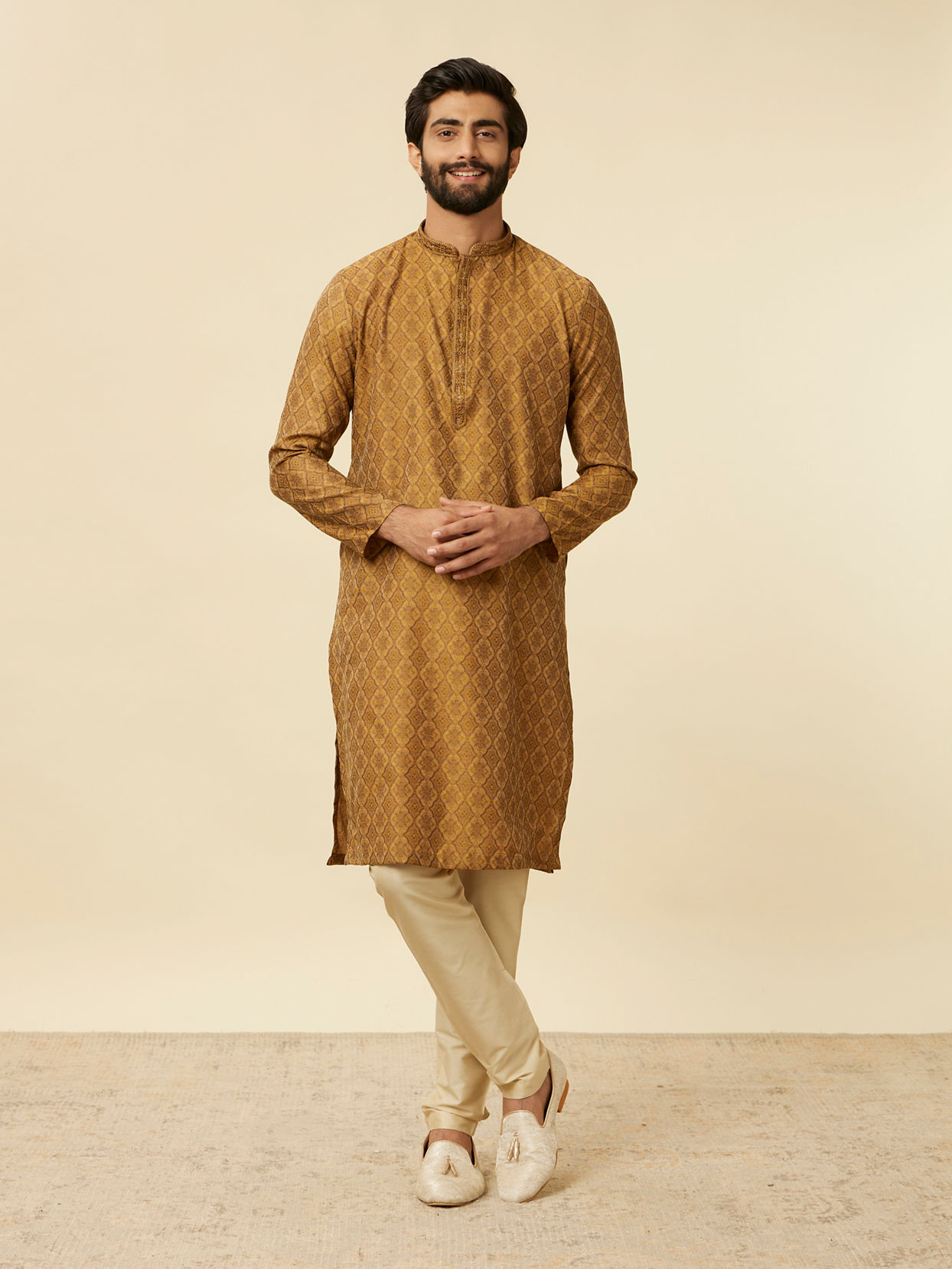 Manyavar Men Fawn Grid Patterned Kurta Set