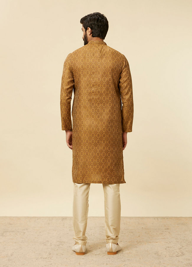 Manyavar Men Fawn Grid Patterned Kurta Set
