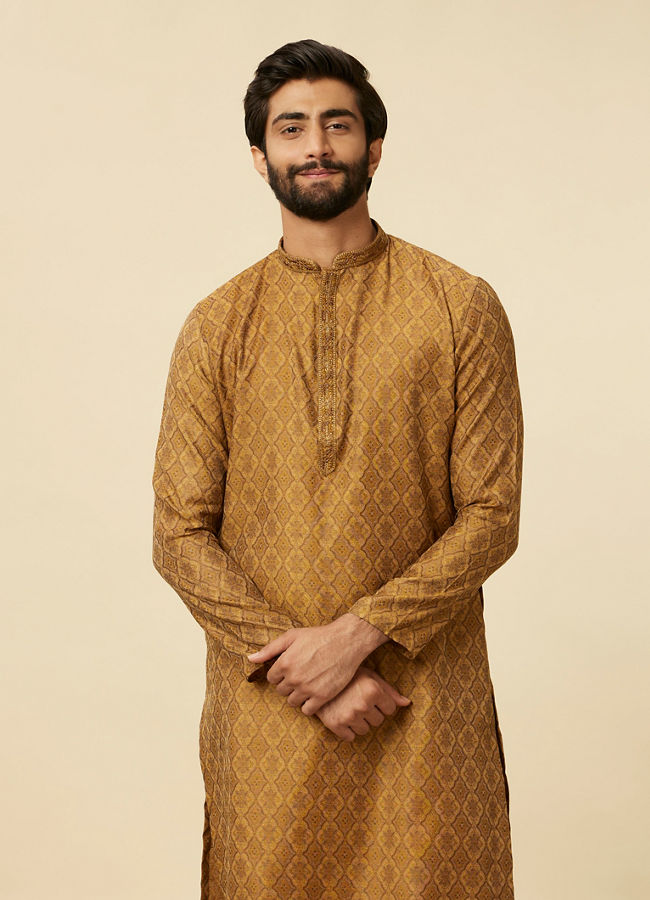 alt message - Manyavar Men Fawn Grid Patterned Kurta Set image number 0