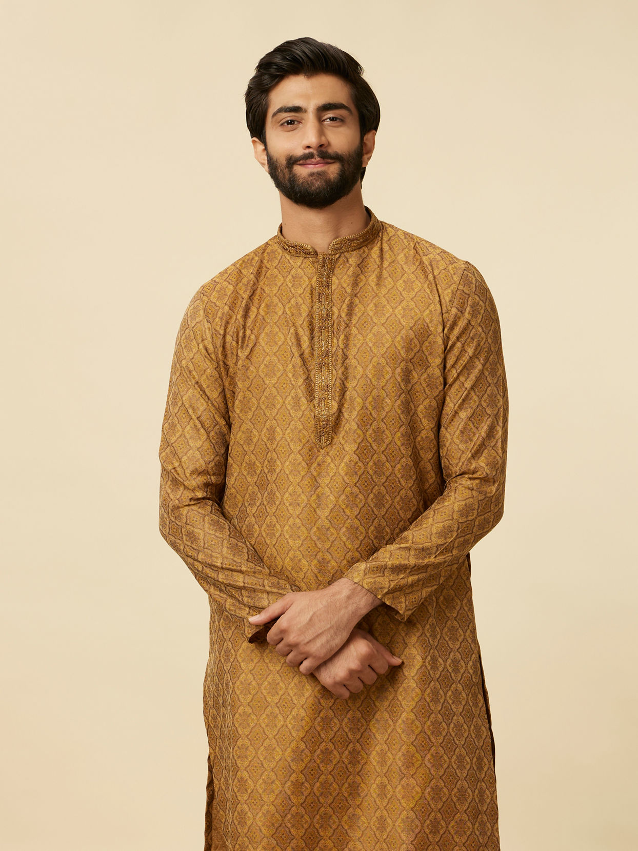 alt message - Manyavar Men Fawn Grid Patterned Kurta Set image number 0