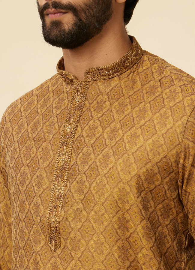 Manyavar Men Fawn Grid Patterned Kurta Set