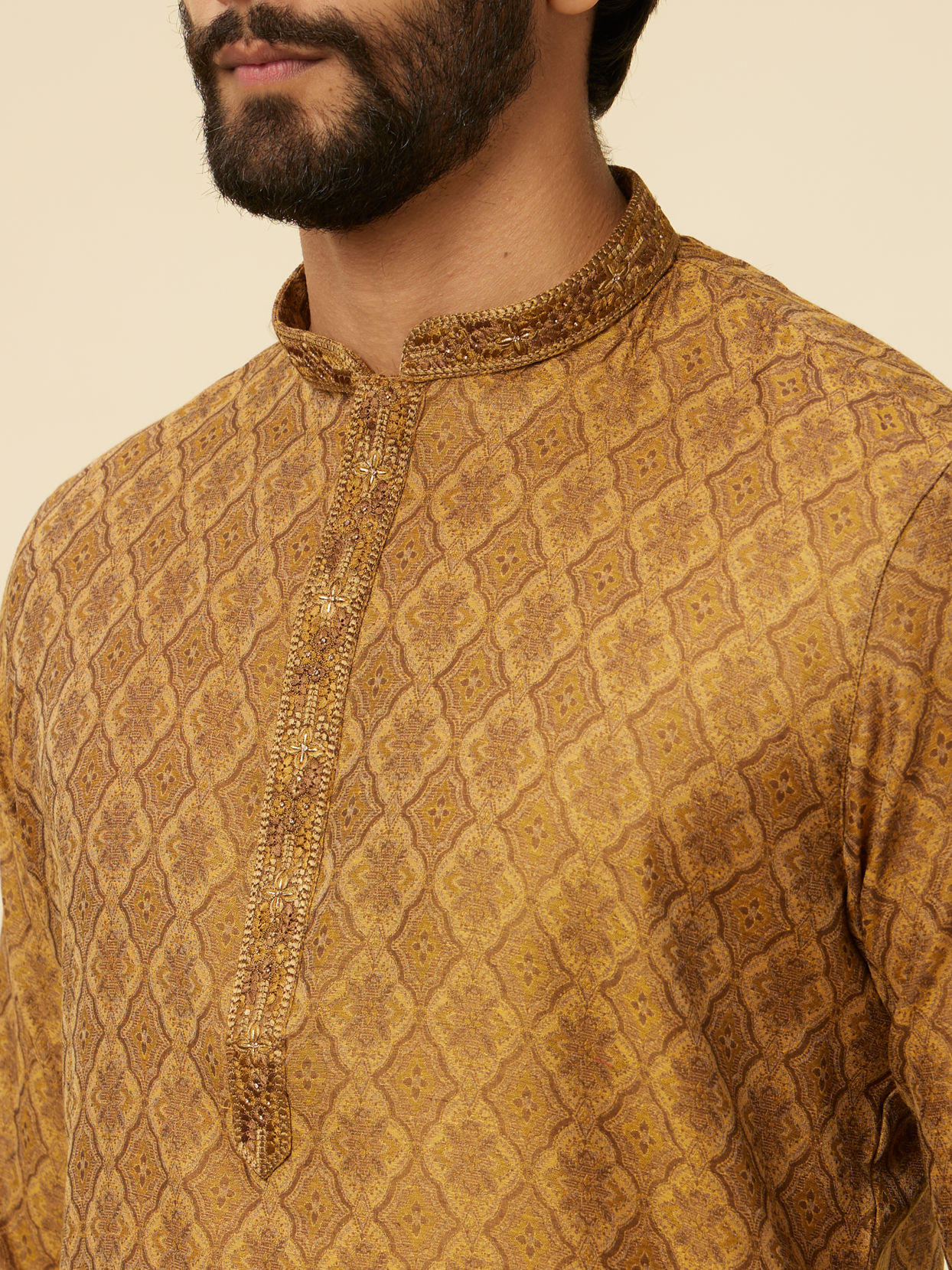 alt message - Manyavar Men Fawn Grid Patterned Kurta Set image number 1