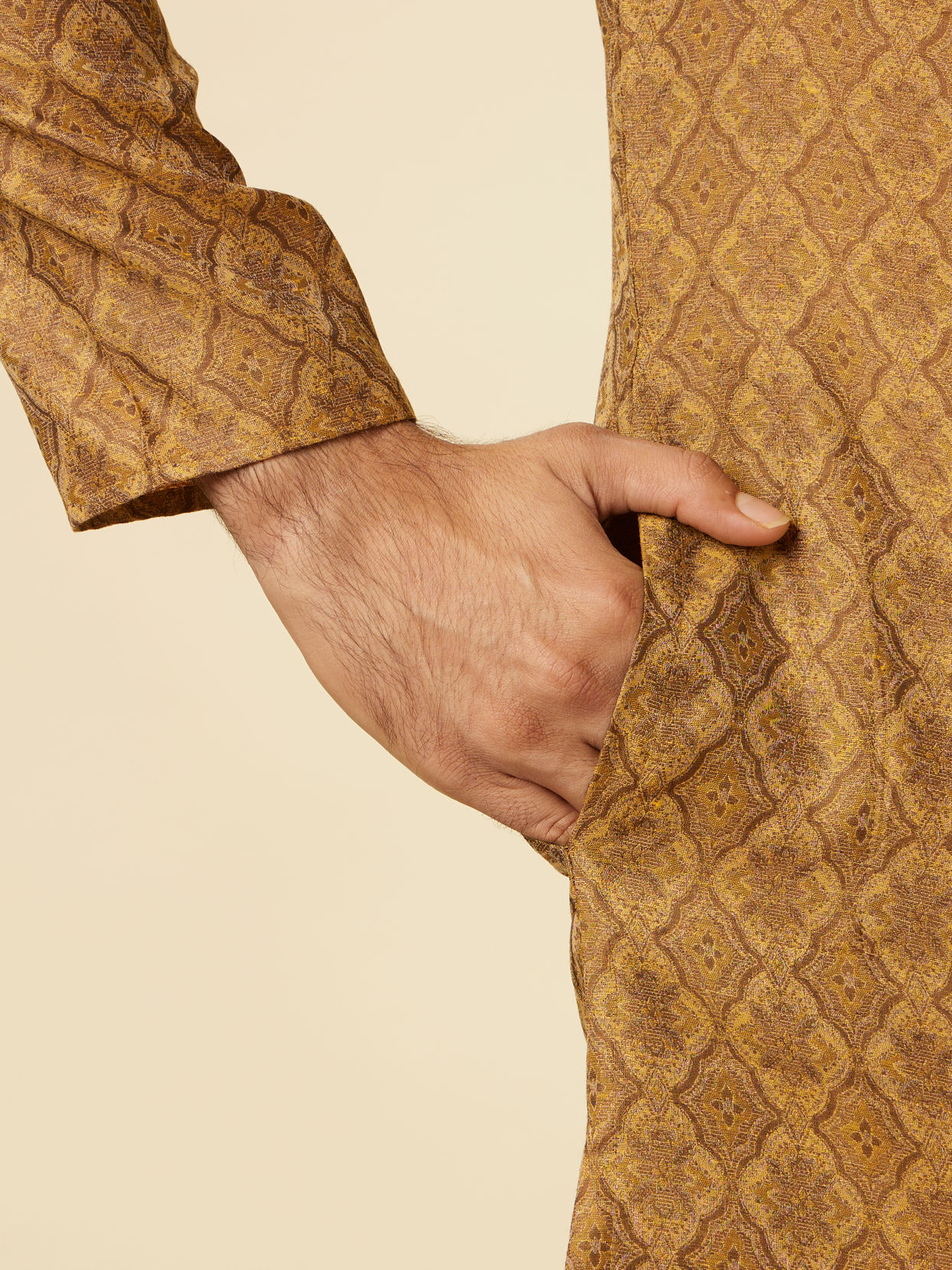 Manyavar Men Fawn Grid Patterned Kurta Set