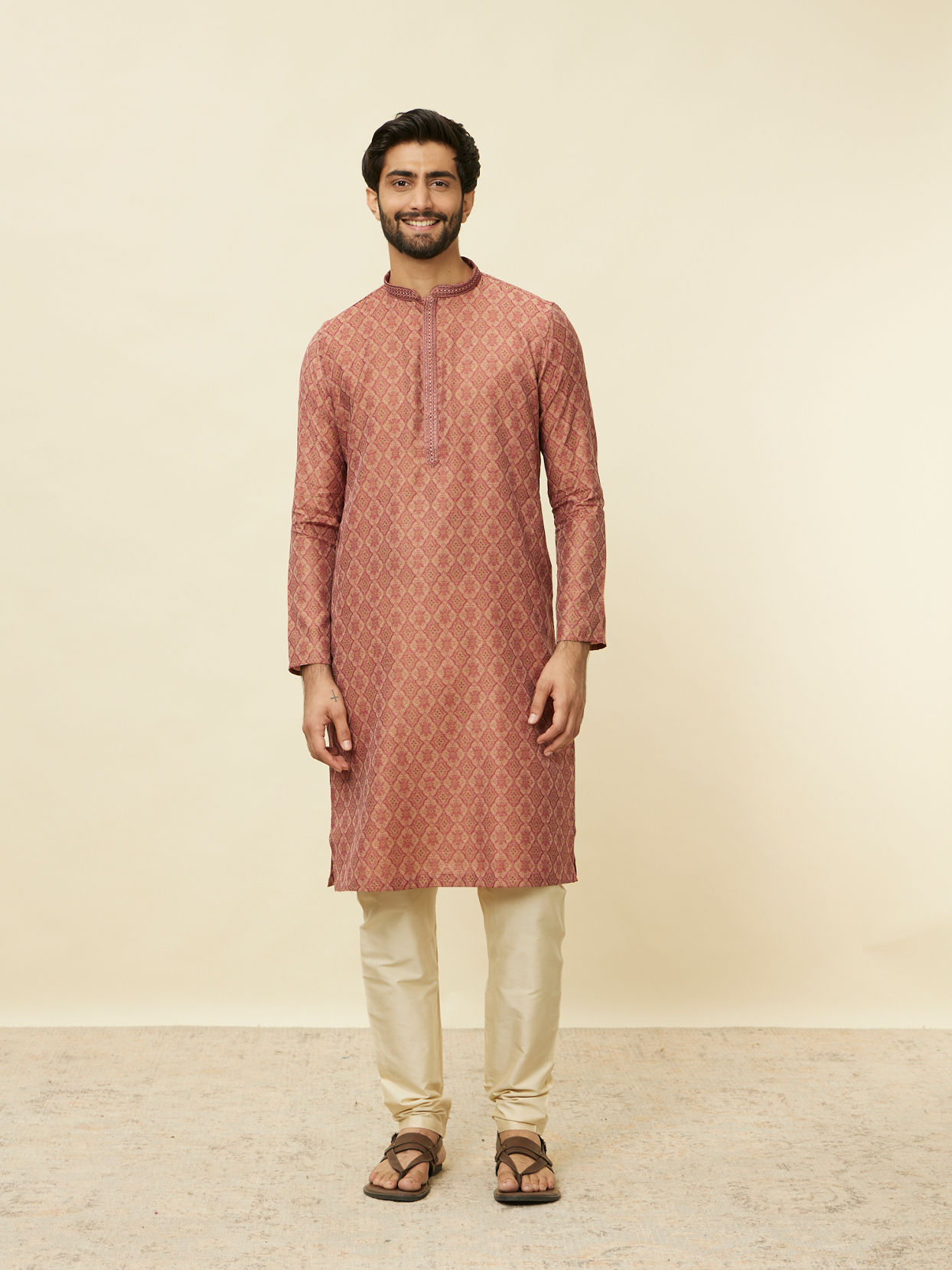 Manyavar Men Rust Red Trellis Patterned Kurta Set