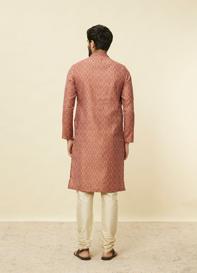 Manyavar Men Rust Red Trellis Patterned Kurta Set